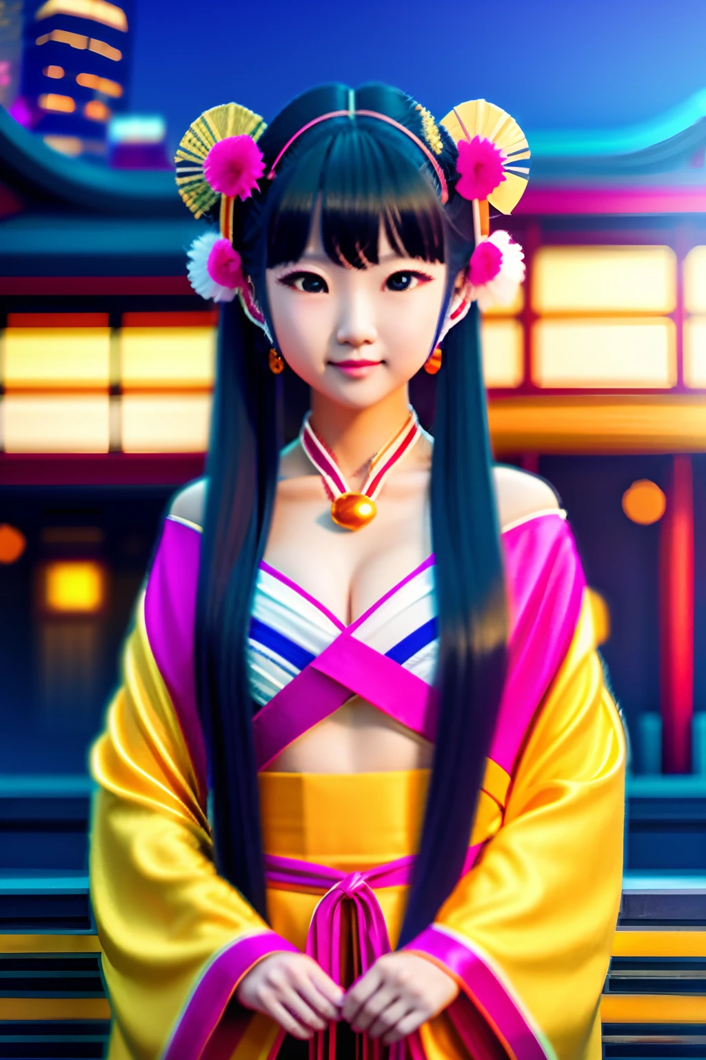 ((gorgeous Golden kimono)),((gorgeous orange kimono)),((gorgeous pink kimono)),((gorgeous red kimono)),((royal textured kimono)), (((smile:1.0, laugh:1.0))),

1girl, solo, makeup, highres, large breasts:1.4 , cleavage, looking at viewer, smile, bangs, bare shoulders, black hair,collarbone, crossed bangs, hair between eyes, hair ornament, hair ribbon, huge breasts, japanese clothes, large breasts, long hair,mask, mask on head, off shoulder, parted lips, red eyes, red kimono, red ribbon, ribbon, striped ribbon, taihou \(azur lane\), twintails, very long hair, wide sleeves,(shiny skin), sash,

night, detailed background, Cyberpunk world, Modern metropolis, neon,sfw:1.8,