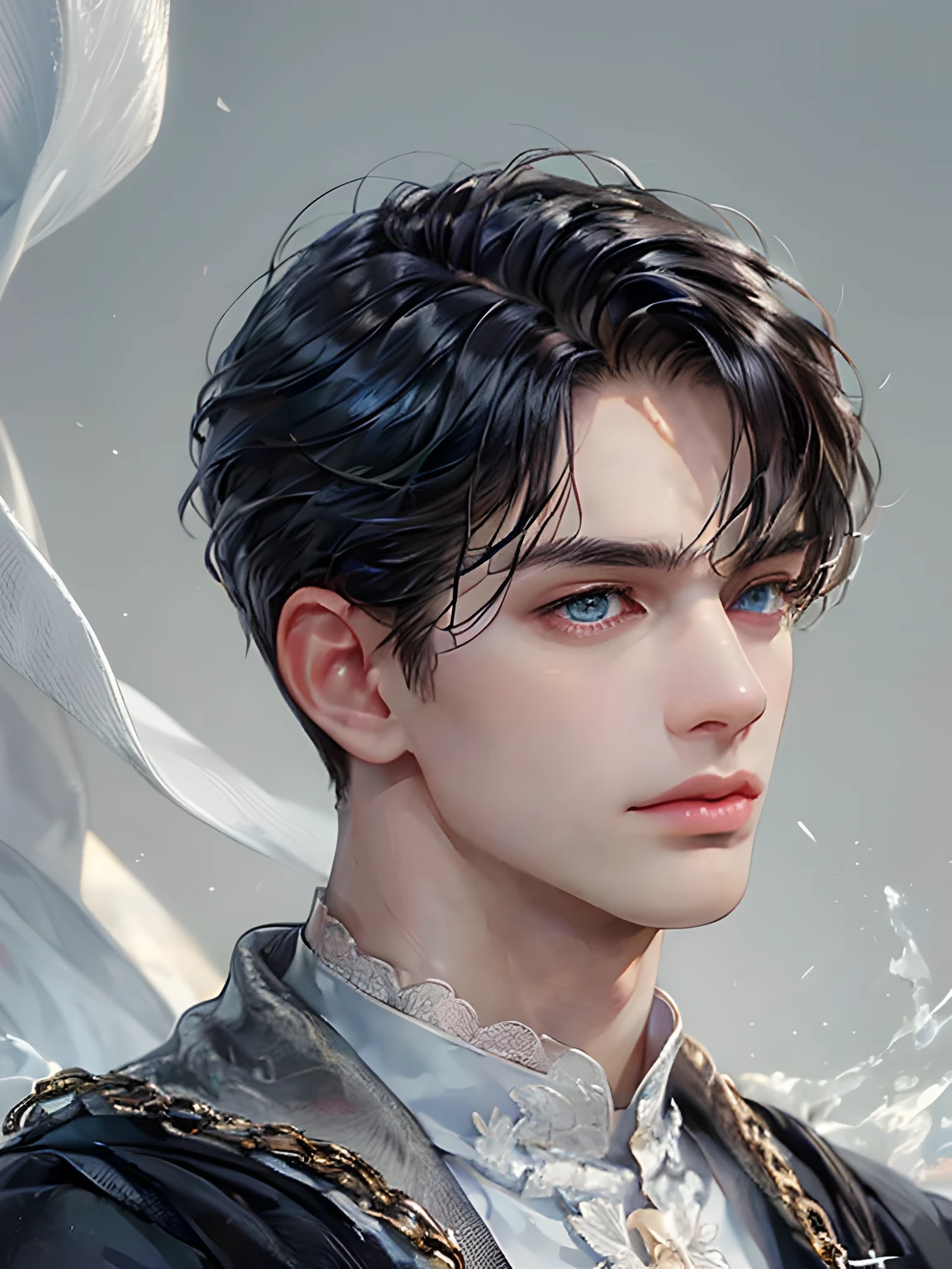 masterpiece close-up shot of a man, he has short black Quiff hair with Soft Fringe (bangs part on side 3:7 ratio), (blue eyes), cold look, sharp eyes, stern face, aristocratic appearance