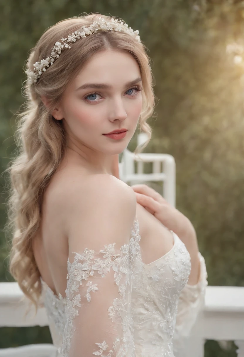 1 beautiful girl, (Realistic:1.3) (full bodyesbian:1.3), standing photo, Stand in front of the blue lake, White wedding dress, Soft dress, blond hairbl, Blue eyes, Wavy hair, Masterpiece, diffused soft lighting, Portrait, Best quality (Perfect face:1.4), Ultra-realistic Highly detailed, Complex and realistic simulation style photos, Cinematic lighting, studio shoot, Elegant Pose
