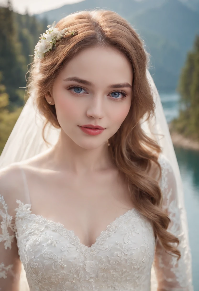 1 beautiful girl, (Realistic:1.3) (full bodyesbian:1.3), standing photo, Stand in front of the blue lake, White wedding dress, Soft dress, blond hairbl, Blue eyes, Wavy hair, Masterpiece, diffused soft lighting, Portrait, Best quality (Perfect face:1.4), Ultra-realistic Highly detailed, Complex and realistic simulation style photos, Cinematic lighting, studio shoot, Elegant Pose