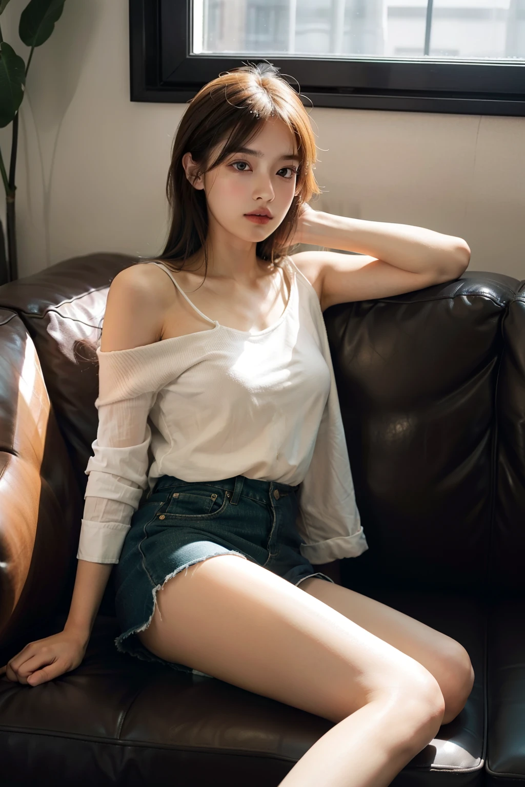 1girll,Sit on a comfortable sofa,Cross ed leg,Soft light