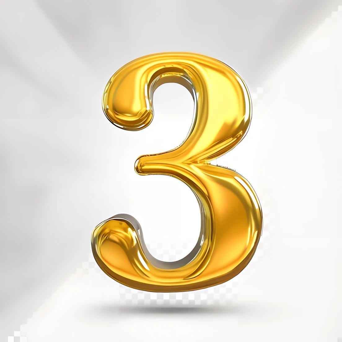 A golden number three on a transparent background, Golden number, 3 mm, oro, 3, Vista de las tres cuartas partes, Representado como un renderizado 3D, Oro realista, Lo mejor de Adobe Stock, Finer details : 3, aislado sobre fondo blanco, 3 d icon for mobile game, Sin fondo ni sombras, 3 colores, 3D realista de alta calidad, plata, CG 3D