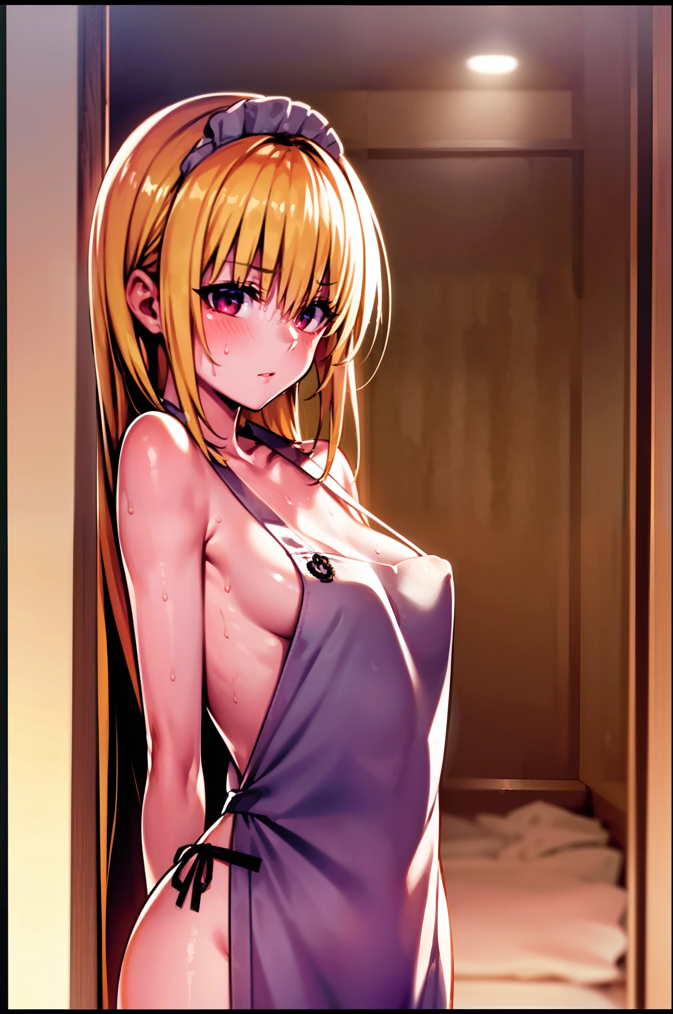 (((Naked apron))), ((Slender figure)), ((Sweating)), ((small tits)), ((on the beds)), a blond, Long, The highest image quality, hightquality, high detailing, 超A high resolution, 8K, depth of fields, Cinematography, intricate detailes, Elaborate, meticulous, Magnificent, Maximum Detail, Extreme beauty