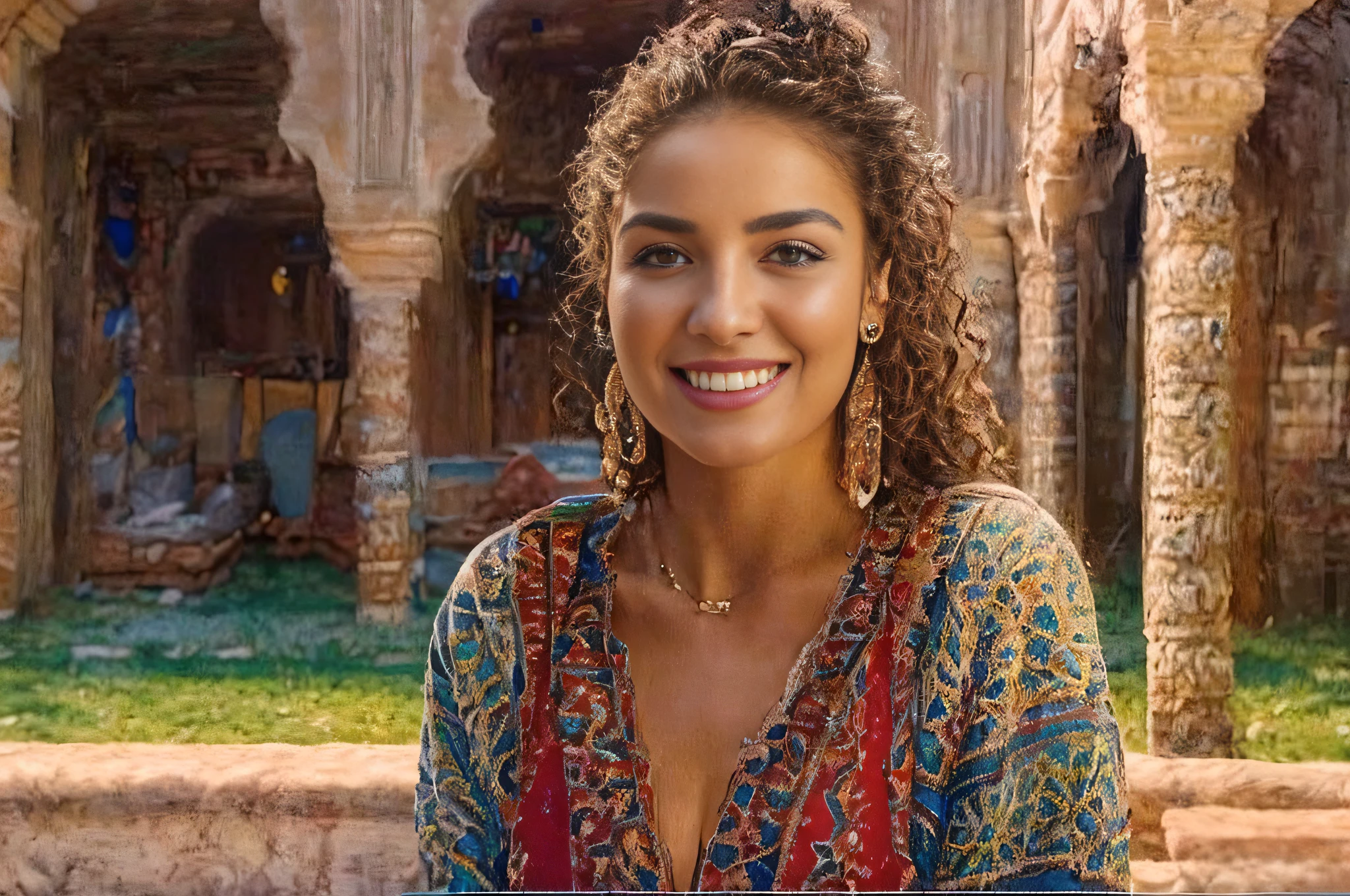 a beautiful Caucasian woman with dimples and a riad in the background masterpiece, ultra realistic, 8k, elaborate, high quality