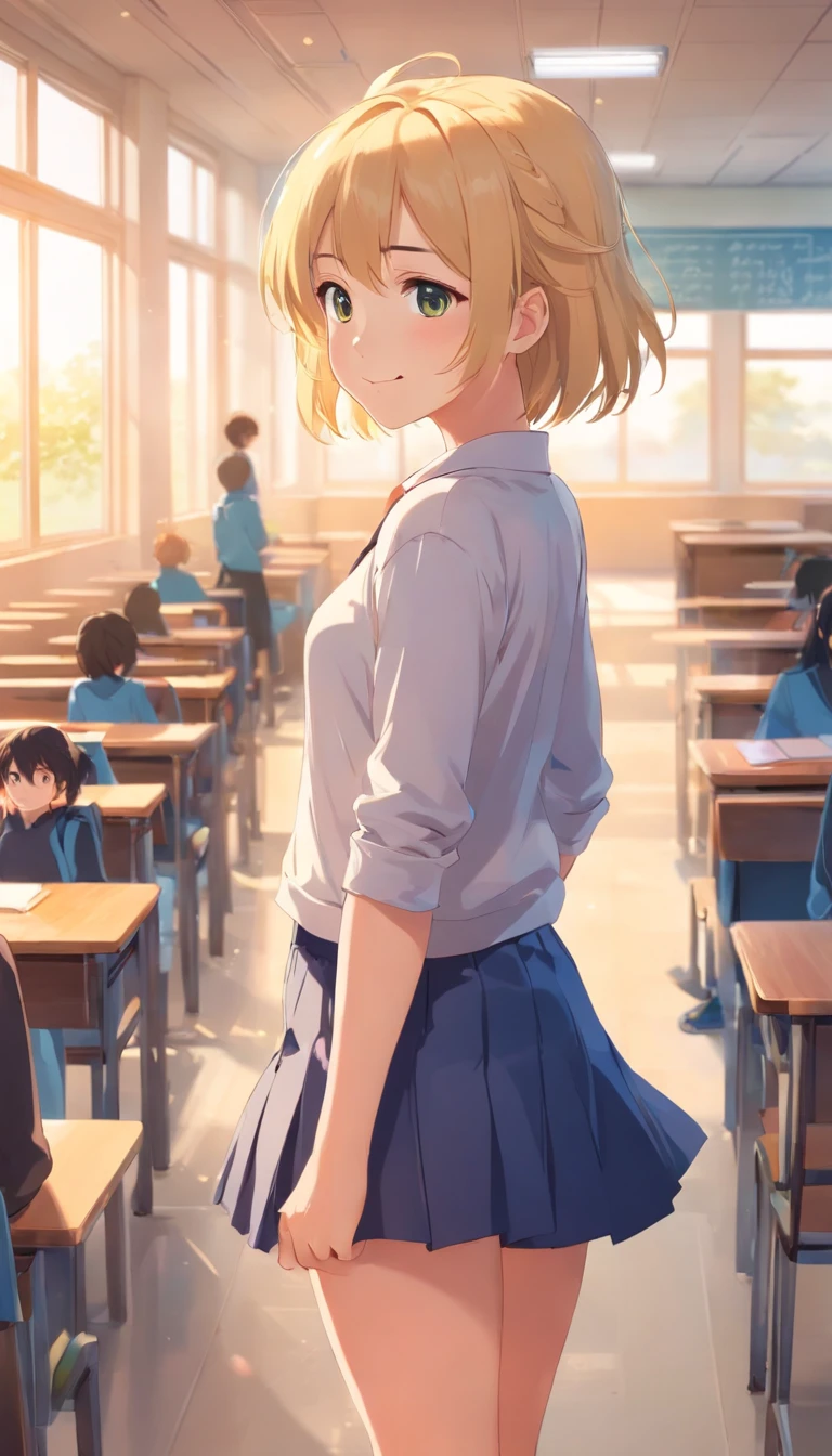 cute teen, looking at viewer, blonde hair, petite body, smile, full body pose, short skirt, cute butt, alone in school