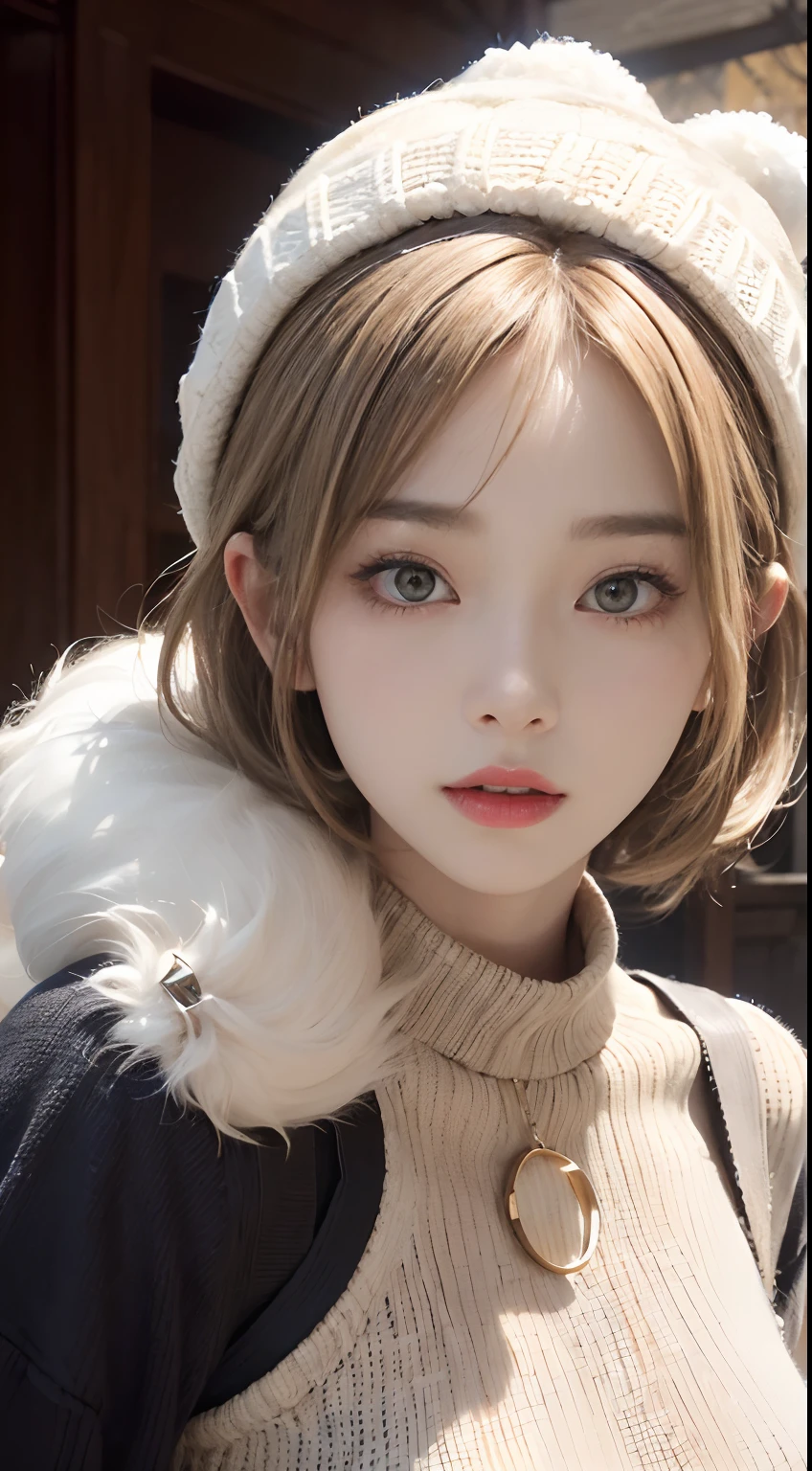 (masuter piece:1.3)、(8K、Photorealsitic、Raw photography、top-quality: 1.4)、(1girl in)、beautiful countenance、(Lifelike face)、(Light Beige Mixed Hair、short-hair:1.3)、((Giant Otsupai))、Wearing a miniskirt、((Klob top))、Beanie、Wearing a knitted cute pom-pom hat、(Display hats on the screen)、realisticeyes、Beautiful details、(real looking skin)、Beautiful skins、Fingers in detail、enticing、超A high resolution、A hyper-realistic、high-detail、the golden ratio