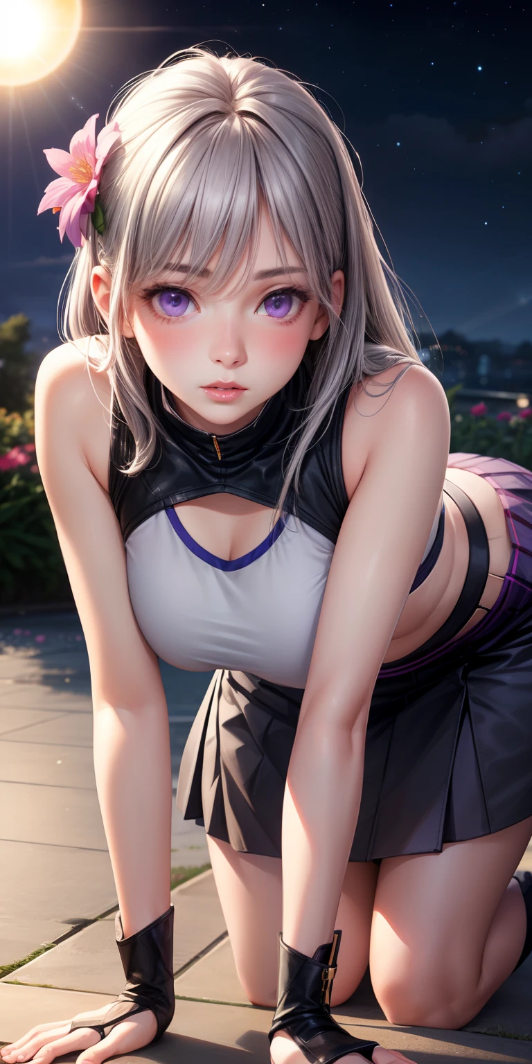 realistic, girl single, gray hair, purple eyes, glowing eyes, crop top, skirt, parted lips, blush, night, flower, sun, sunlight, all fours