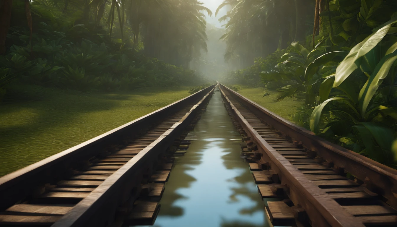 You can use the following prompt for Stable Diffusion to generate a beautiful piece of artwork centered around a minecart on a long track or rails moving across a beautiful jungle:
"(best quality,4k,8k,highres,masterpiece:1.2),ultra-detailed,(realistic,photorealistic,photo-realistic:1.37),oil painting,minecart moving on a long track,rails,jungle with lush greenery,serene atmosphere,tropical plants and trees,vibrant colors,sunlight filtering through the tree canopy,depth and perspective,immersive scenery,majestic landscape,horizon in the distance,peaceful and surreal ambiance,perfect balance of light and shadow,detailed textures,realistic depiction of foliage,attention to minute details,crystal clear reflection of the minecart in water,natural beauty captured in every brushstroke."