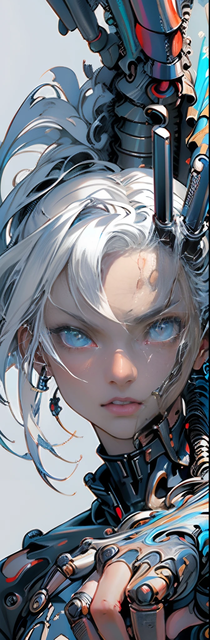 (masterpiece, top quality, best quality, official art, beautiful and aesthetic:1.2), (1girl:1.3), extreme detailed, colorful, highest detailed ((ultra-detailed)), (highly detailed CG illustration), ((an extremely delicate and beautiful)), cinematic light, ((1mechanical girl)),solo, cowboy shot, long shot (machine joints:1.2), ((mechanical limbs)), (blood vessels connected to tubes), (wires and cables attaching to neck:1.2), (character focus), machines are attached to joints, white hair, white skin, looking at viewer, copper button, bronze, (black tights, ) perfect anatomy, blue eyes, ((5 fingers, dynamic pose))