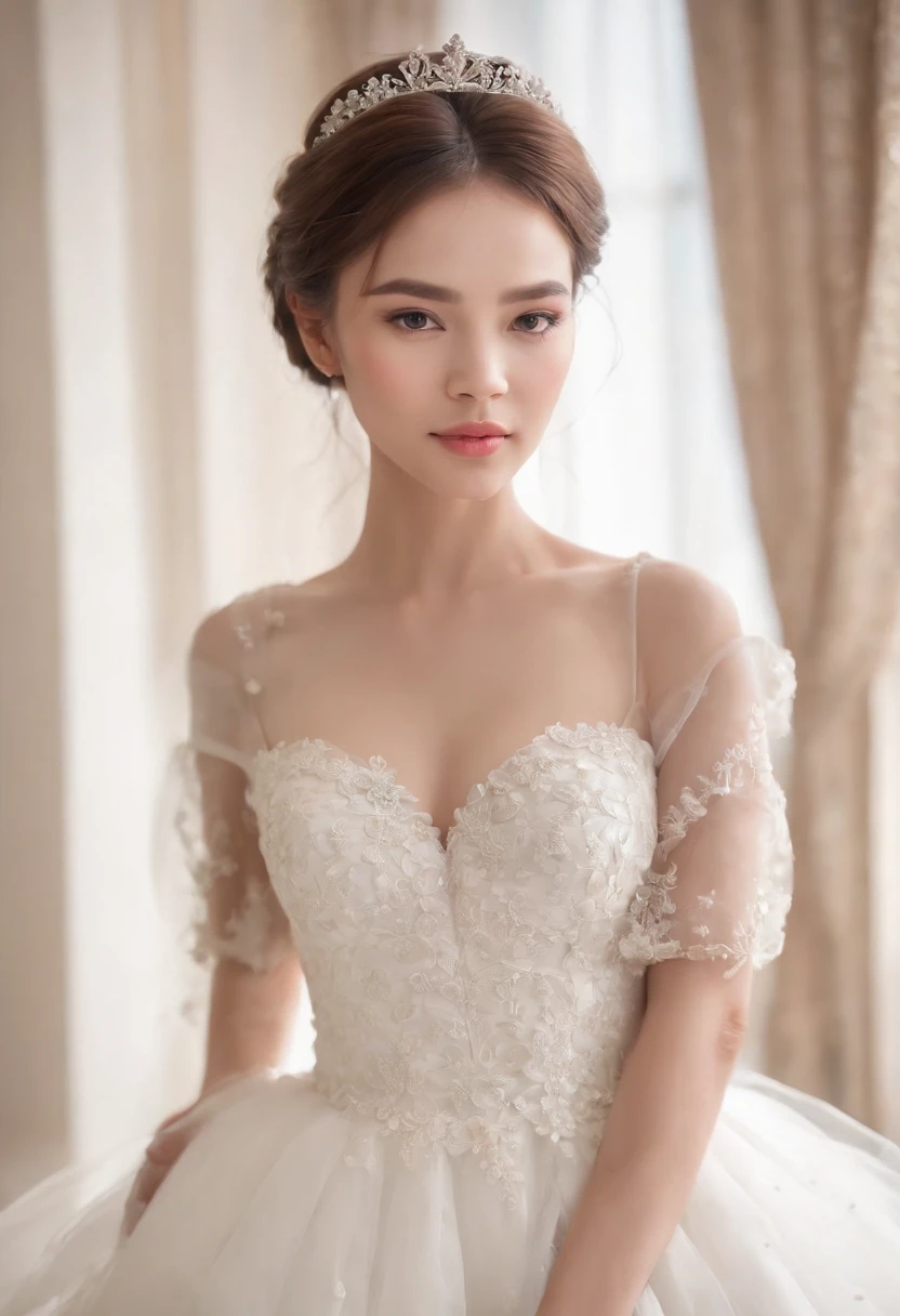 (((masterpiece:1.4, Best Quality:1.4, 8K, ultra high res, Physically Based Rendering))), sharp focus, full body Portrait, full body shot, flat lighting, ultra Beautiful Sexy Woman, very pretty Japanese women, perfect body:1.1, 24yo, solo, Detailed large eyes, detailed thin eyebrows, Highlights in the eyes, (((brown ultra long half updo hair:1.1, hair behind ears))), Highly detailed facial and skin texture, Slender beauty:1.4, ((princess wedding dress, bare shoulders)), (((gigantic breasts:1.6))), ((breasts exposed:1.6)), small areola, Slim abs, narrow waist, ((dress lift:1.5)), (((not wearing a panties:1.6))), (detailed beautiful exposed:1.4, pubic hair:1.3, cum in :1.4), full body shot, (thrust her butt back:1.5), (slim long beauty legs:1.2), (transparent white knee high stockings:1.4), no makeup, Clear facial features, (smile:1.1, open mouth), looking at viewer, (standing with spread legs:1.5, bottom up, facing forward:1.3), (front view), (from below:1.6), (((on the princess bed :1.1))),