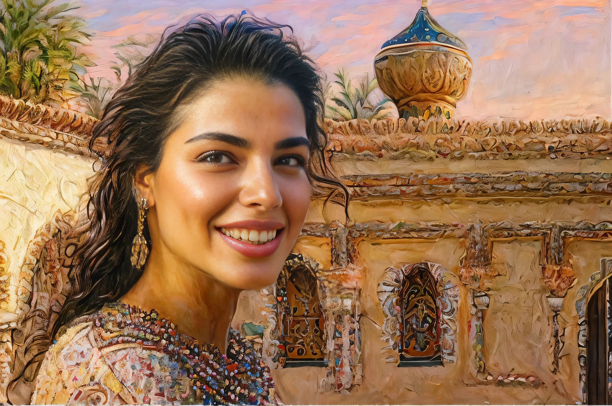 a beautiful Caucasian woman with dimples and a riad in the background masterpiece, ultra realistic, 8k, elaborate, high quality