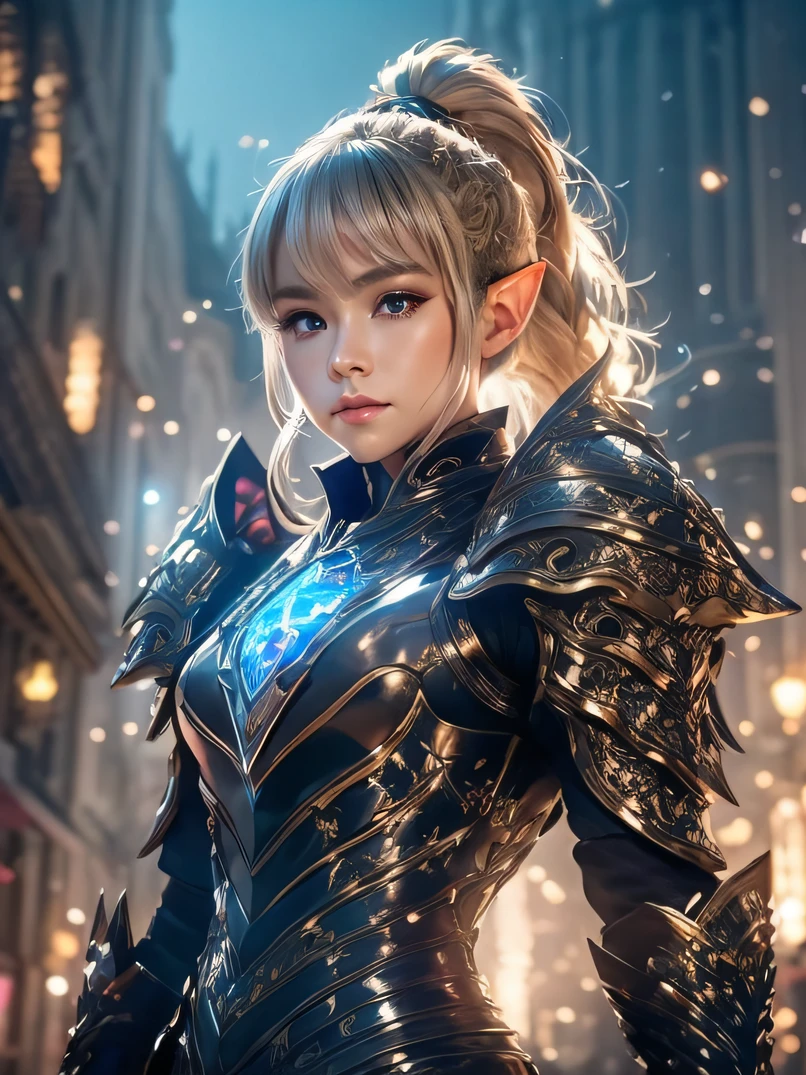 top-quality、ultra-detailliert、Very delicate、lighting like a movie、Unique lighting effects、Portrait of beautiful 40 year old female elf、Two-thirds shot、Environments with complex details、ighly detailed、Elegant person、Graceful aura、Elaborate patterns that blend fantasy and modernity、Black cloak of flowing fabric、Richly textured black leather armor and leggings、Delicately carved black plate armor、Bustling medieval cityscape and castle in the background、Mystical atmosphere filled with magical elements、Dynamic lighting with vibrant colors、Detailed background depiction、Deep sense of depth、Depth and mood、a blond、tall、a small face、well-proportioned figure、Hairstyle Ponytail、Seductive blue eyes、Sharp eyes、hyperdetailed face、A detailed eye、Detailed hand depiction、Detailed foot depiction、Dynamic action