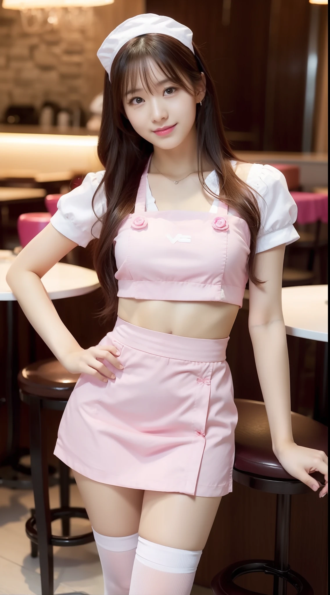 Waitress in pink miniskirt
