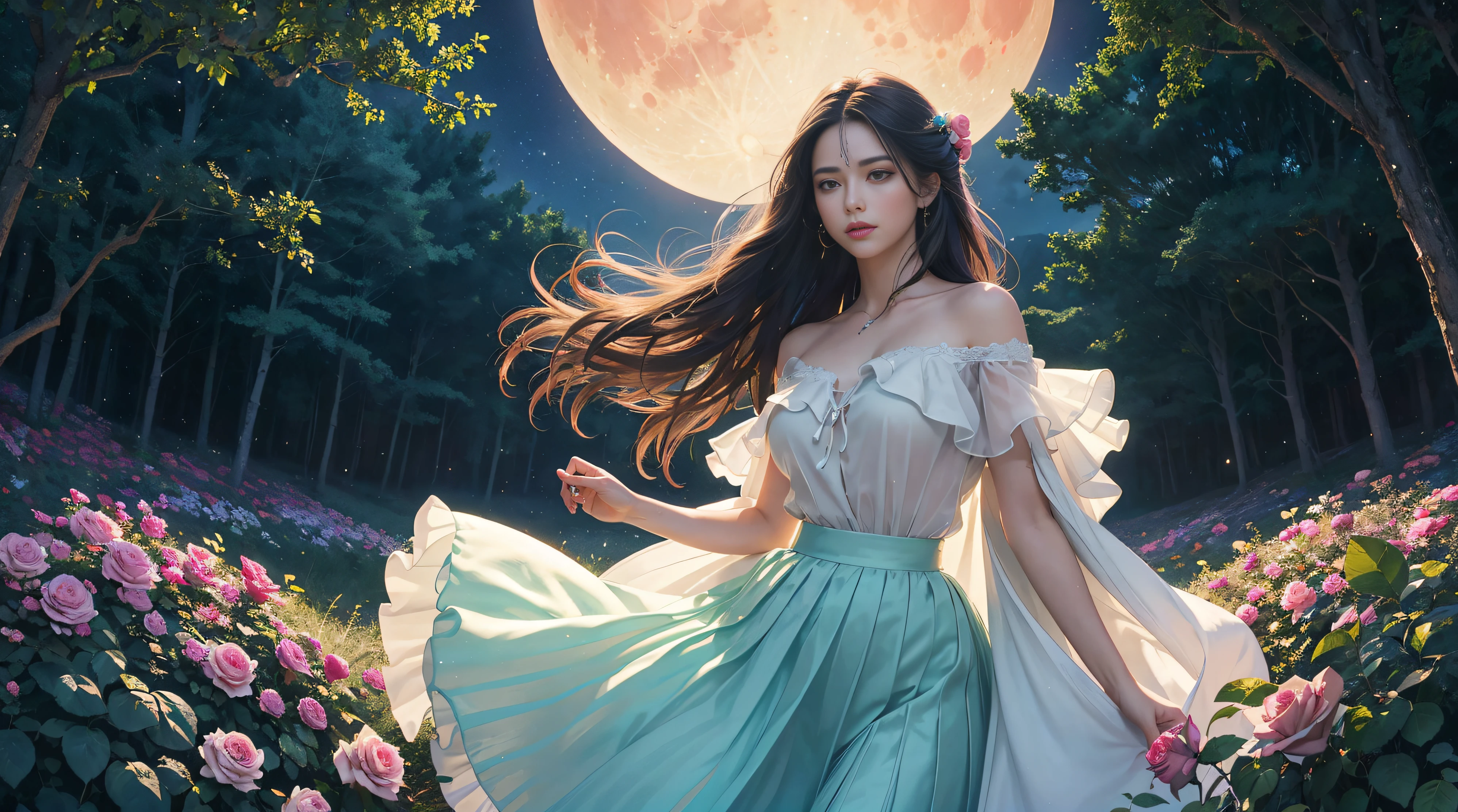 Dramatic landscape style, elegant, clear focus, soft lighting, vibrant colors, masterpiece, 1 girl, (glowing skirt), colorful light skirt, standing in the rose bushes, dreamy scene, glowing particles, soft lighting, forest, (moon), starry sky, clear details, flowing hair, exquisite facial features, extremely beautiful face, masterpiece, best quality