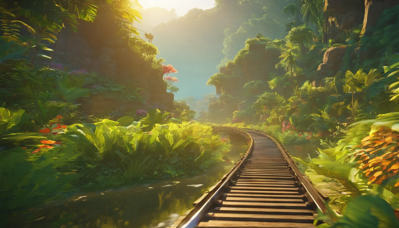 You can use the following prompt for Stable Diffusion to generate a beautiful piece of artwork centered around a minecart on a long track or rails moving across a beautiful jungle:

"(best quality,4k,8k,highres,masterpiece:1.2),ultra-detailed,(realistic,photorealistic,photo-realistic:1.37),oil painting,minecart moving on a long track,rails,jungle with lush greenery,serene atmosphere,tropical plants and trees,vibrant colors,sunlight filtering through the tree canopy,depth and perspective,immersive scenery,majestic landscape,horizon in the distance,peaceful and surreal ambiance,perfect balance of light and shadow,detailed textures,realistic depiction of foliage,attention to minute details,crystal clear reflection of the minecart in water,natural beauty captured in every brushstroke."