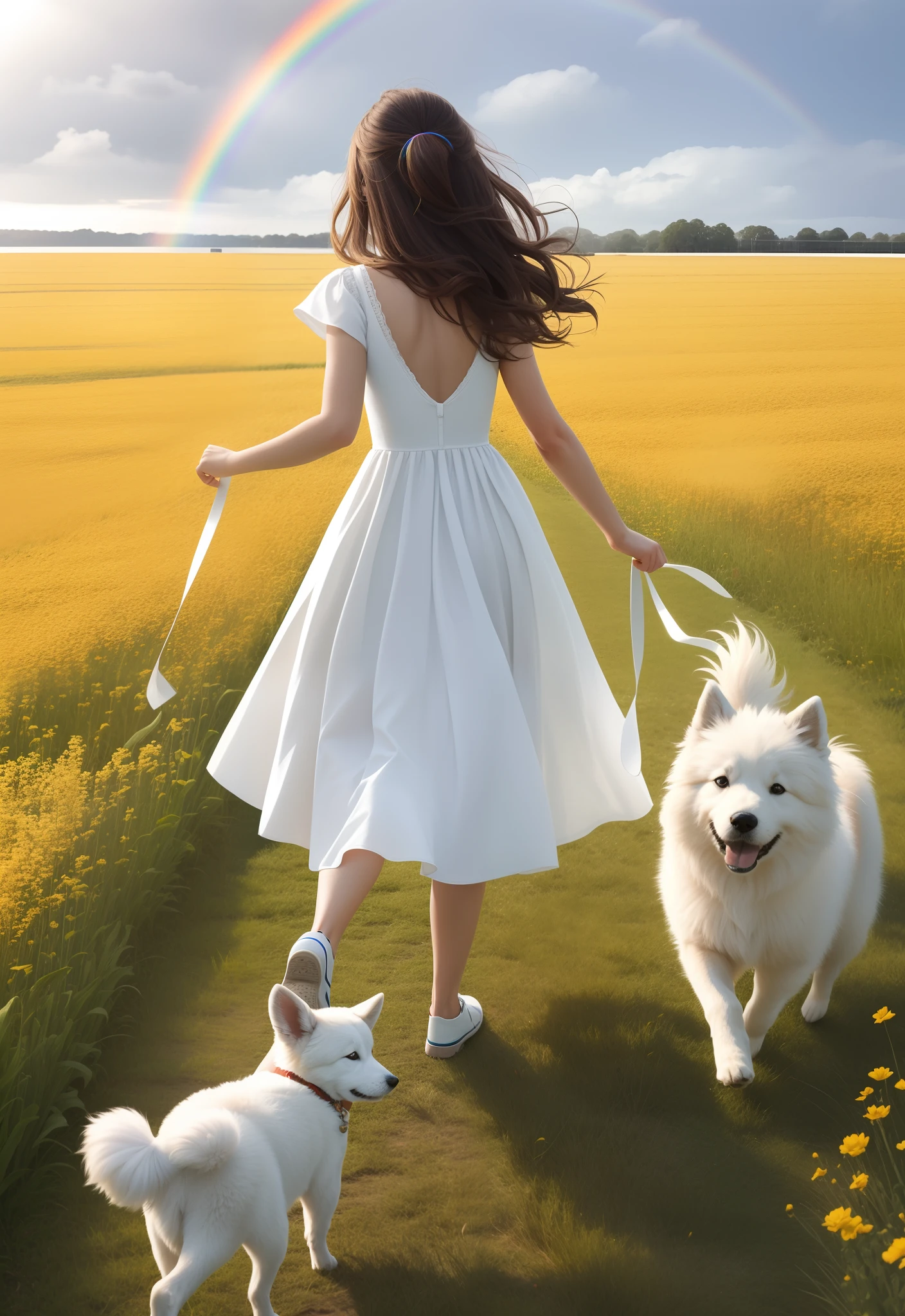 The girl runs through the field with a dog,Super cute pet dog,Samoyed is small,Beautiful rainbow,Only the back of the dog and the beautiful woman can be seen