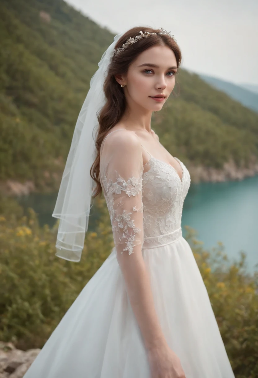 1 beautiful girl, (Realistic:1.3) (full bodyesbian:1.3), standing photo, Stand in front of the blue lake, White wedding dress, Soft dress,  Masterpiece, diffused soft lighting, Portrait, Best quality (Perfect face:1.4), Ultra-realistic Highly detailed, Complex and realistic simulation style photos, Cinematic lighting, studio shoot, Elegant Pose