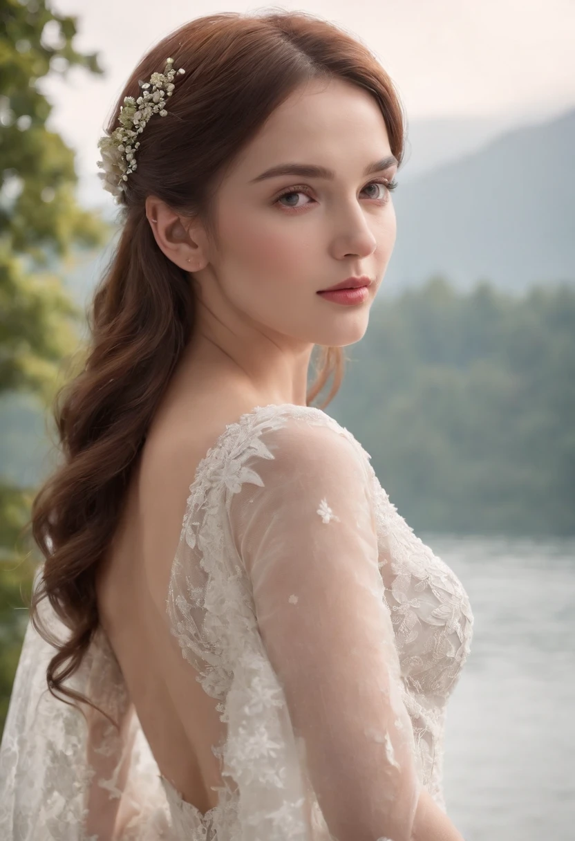 1 beautiful girl, (Realistic:1.3) (full bodyesbian:1.3), standing photo, Stand in front of the blue lake, White wedding dress, Soft dress, Masterpiece, diffused soft lighting, Portrait, Best quality (Perfect face:1.4), Ultra-realistic Highly detailed, Complex and realistic simulation style photos, Cinematic lighting, studio shoot, Elegant Pose
