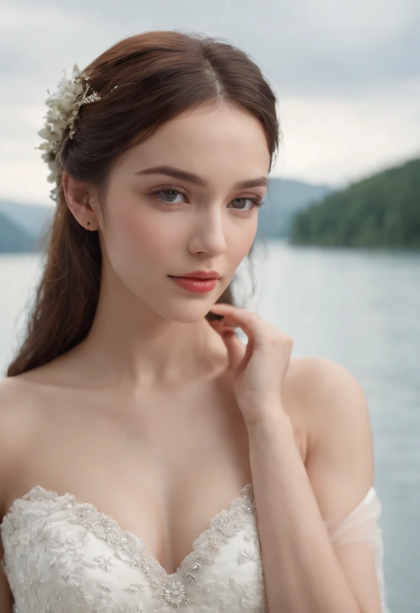 1 beautiful girl, (Realistic:1.3) (full bodyesbian:1.3), standing photo, Stand in front of the blue lake, White wedding dress, Soft dress, Masterpiece, diffused soft lighting, Portrait, Best quality (Perfect face:1.4), Ultra-realistic Highly detailed, Complex and realistic simulation style photos, Cinematic lighting, studio shoot, Elegant Pose