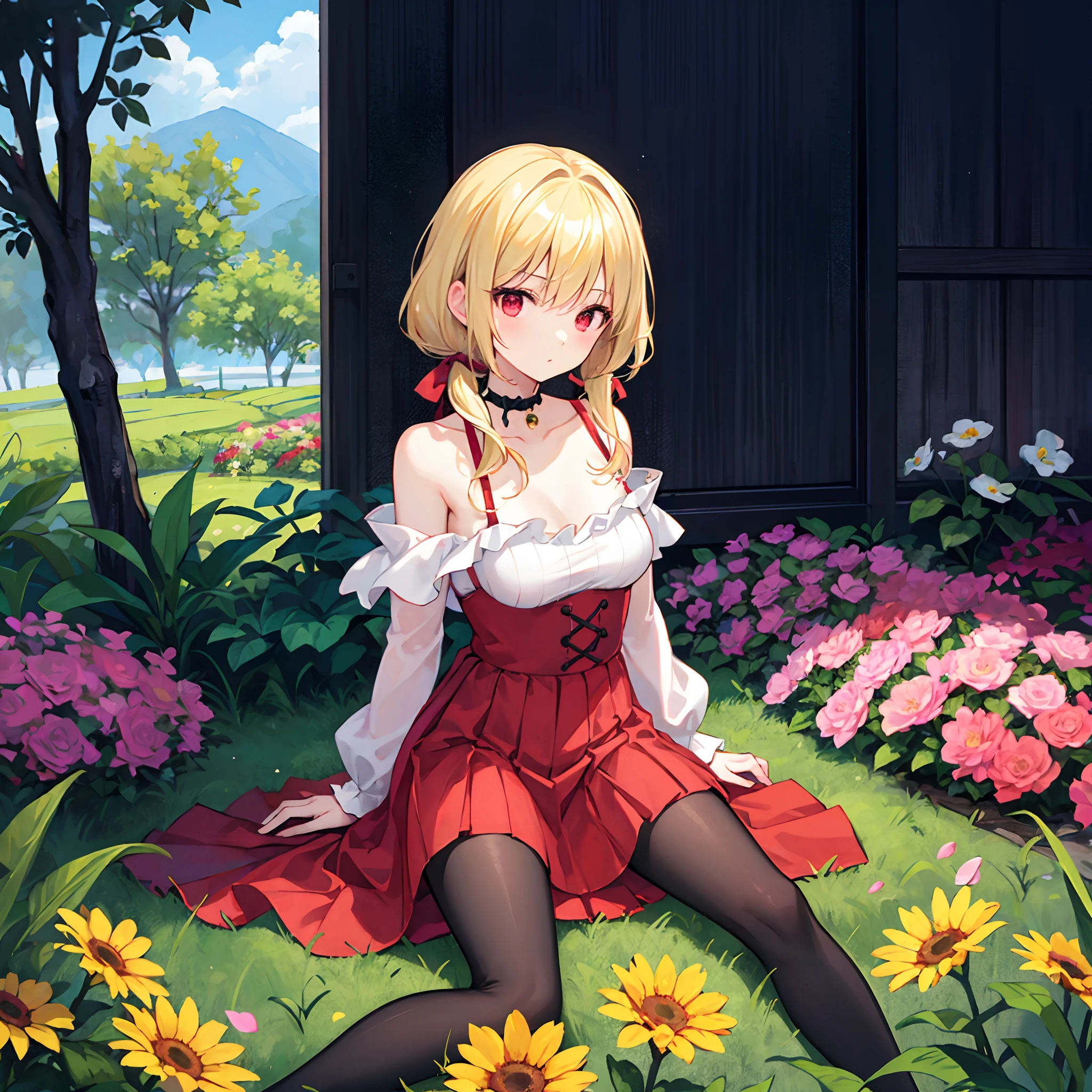 a blond、poneyTail、red eyes、Beautiful girl alone、Floral dress、off shoulders、a miniskirt、Black tights、sitting on、flower  field