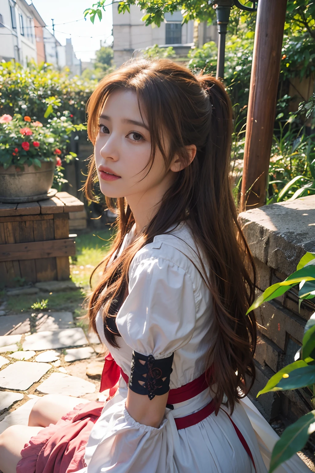 8k, RAW photo, portrait, best quality, ultra high res, photorealistic, intricate details, candid photography, Aerith Gainsborough from Final Fantasy VII,