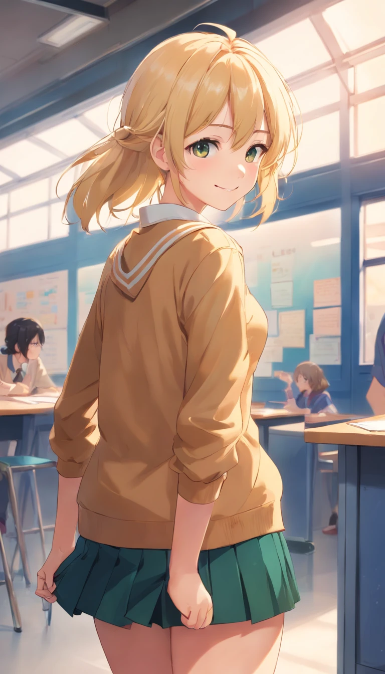 cute , looking at viewer, blonde hair, petite body, smile, full body pose, short skirt, big butt, alone in school, bent over, photorealistic