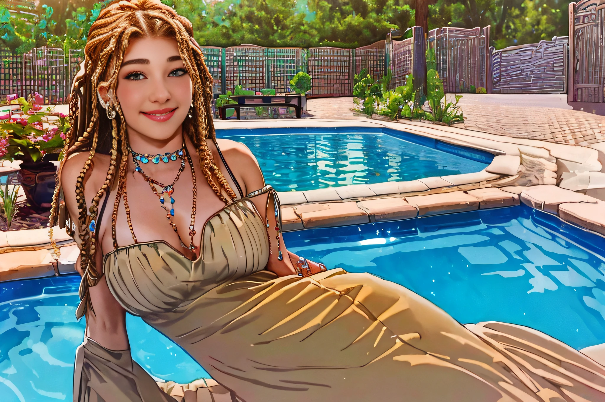 a beautiful Caucasian woman with braids smiling dimples with a riad pool in the background masterpiece, ultra realistic, 8k, elaborate, high quality