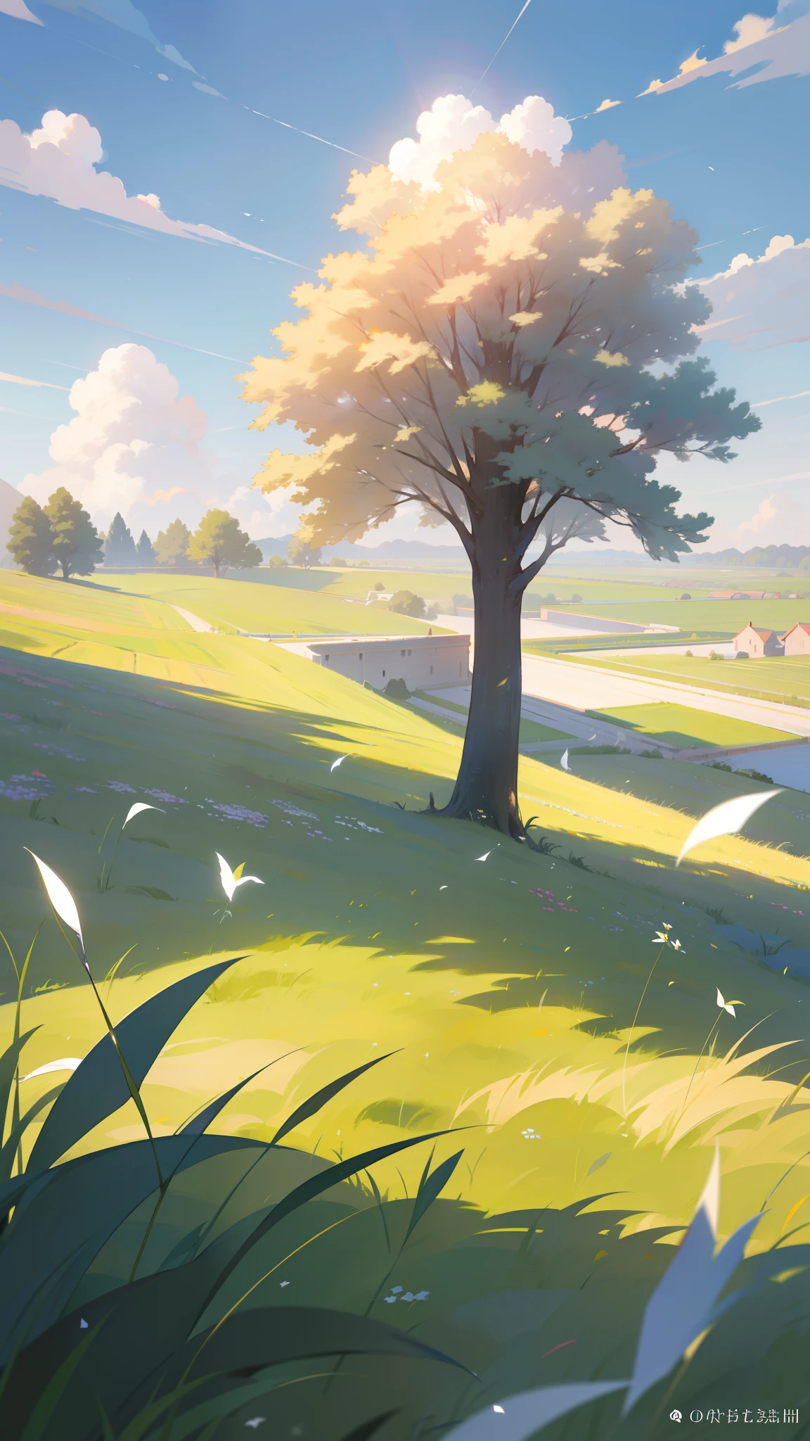 ((Masterpiece,Best quality,modern)), Screen description：
In an empty meadow，The sun is shining。A lone cloud floated leisurely by，It adds a touch of lightness to the whole picture。There is a small tree in the meadow，Although short, he appears tenacious。There is a flat stone under the tree，On it lay a blank notebook and an inkless pen。The notebook cover is studded with a gold border，The pen shows a smooth metallic feel。The breeze blows through，The blades of grass swayed slightly，As if telling some kind of self-evident answer。The whole picture is full of relaxed and free atmosphere，There seems to be endless possibilities and creativity hidden。

Picture descriptors：
Empty、grassy fields、rays of sunshine、Clouds、lithe、Small tree、Tenacious、steins、Blank notebook、Inkless fountain pen、Gold border、metalictexture、light wind、Blades of grass sway、answers、relaxed、liberta、possibility、creativity。