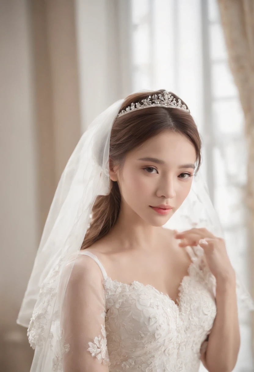 （（best qualtiy））， （（tmasterpiece）） Wedding princess dress，  White petals， Delicate face， Asian， Portrait, Best quality (Perfect face:1.4), Ultra-realistic Highly detailed, Complex and realistic simulation style photos, Cinematic lighting, studio shoot, Elegant Pose