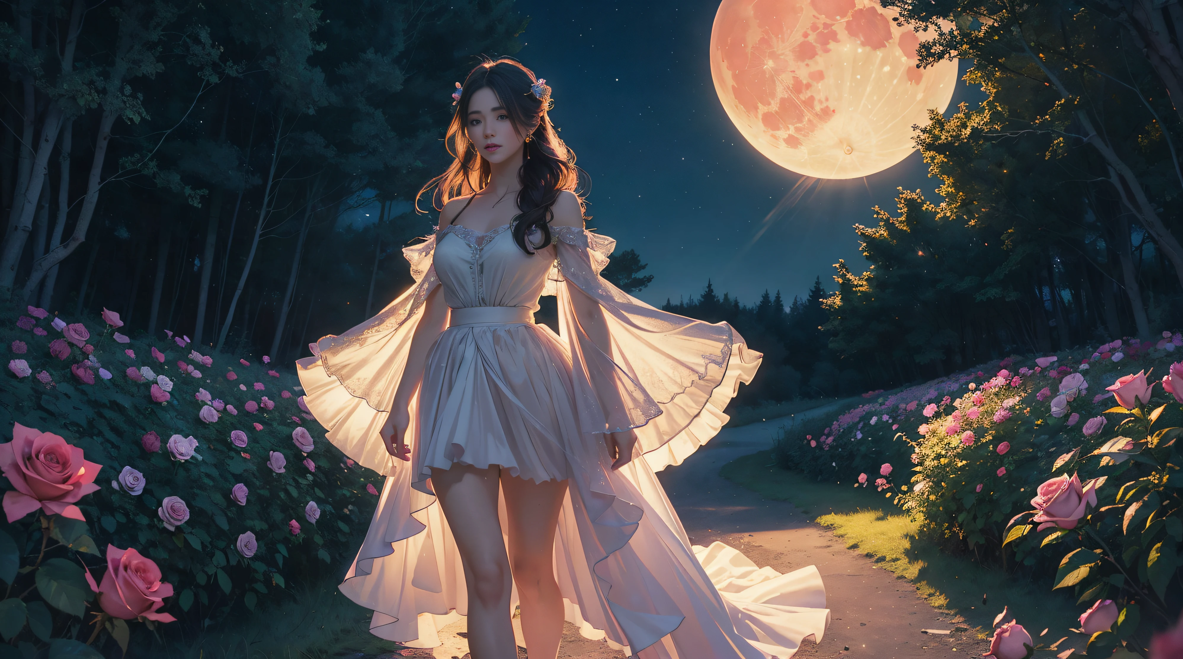 a beautiful woman gazing at a pink glowing moon in a starry night sky, detailed fantasy landscape, (best quality,4k,8k,highres,masterpiece:1.2),ultra-detailed,(realistic,photorealistic,photo-realistic:1.37),fantasy,celestial,cosmic,atmospheric,dramatic lighting,intricate details,cinematic composition,elegant female figure,delicate facial features,graceful pose,long flowing hair,shimmering moonlight,milky way galaxy,scattered stars,ethereal,mystical,serene