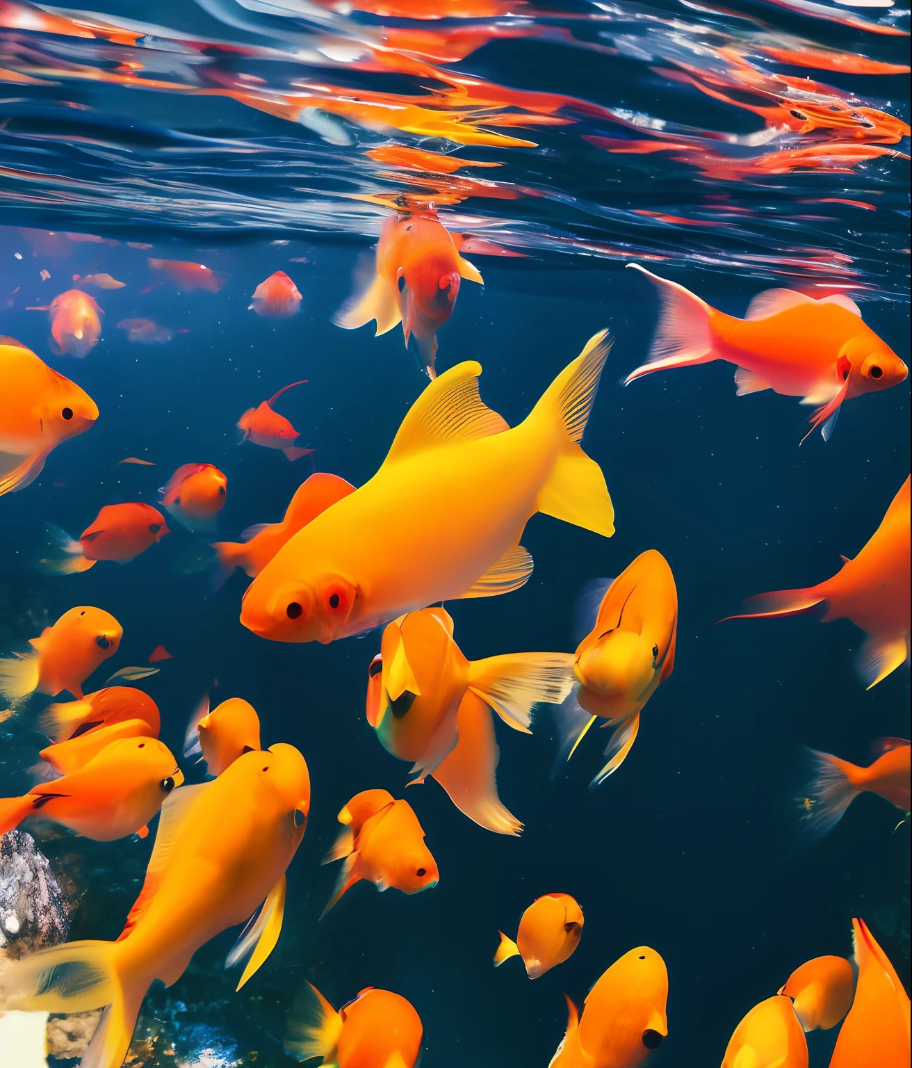 Realistic detail portrait of a group of beautiful goldfish swimming in lake water，Perfect artistic composition，professinal，tmasterpiece，commissioned，best qualtiy，color corrected，fixed in post，Retouching，improve，Idyllic