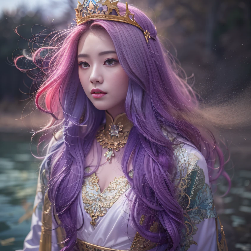 Cornmeal glass 32K(tmasterpiece,k hd,hyper HD,32K)Long flowing bright purple hair,Autumn Pond,zydink, a color, Asian people (Kizi), (Red scarf), Combat posture, looking at the ground, long whitr hair, Floating bright purple, Fire cloud pattern gold tiara, Chinese long-sleeved gold silk garment, (abstract ink splash:1.2), white backgrounid,Lotus protector(realisticlying:1.4),Bright purple hair,Smoke on the road,The background is pure, A high resolution, the detail, RAW photogr, Sharp Re, Nikon D850 Film Stock Photo by Jefferies Lee 4 Kodak Portra 400 Camera F1.6 shots, Rich colors, ultra-realistic vivid textures, Dramatic lighting, Unreal Engine Art Station Trend, cinestir 800,Long flowing bright purple hair
