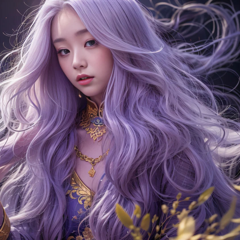 Cornmeal glass 32K(tmasterpiece,k hd,hyper HD,32K)Long flowing bright purple hair,Autumn Pond,zydink, a color, Asian people (Kizi), (Red scarf), Combat posture, looking at the ground, long whitr hair, Floating bright purple, Fire cloud pattern gold tiara, Chinese long-sleeved gold silk garment, (abstract ink splash:1.2), white backgrounid,Lotus protector(realisticlying:1.4),Bright purple hair,Smoke on the road,The background is pure, A high resolution, the detail, RAW photogr, Sharp Re, Nikon D850 Film Stock Photo by Jefferies Lee 4 Kodak Portra 400 Camera F1.6 shots, Rich colors, ultra-realistic vivid textures, Dramatic lighting, Unreal Engine Art Station Trend, cinestir 800,Long flowing bright purple hair