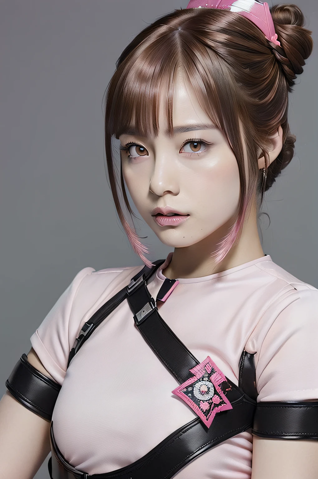 Top Quality, Ultra High Definition, (backlight), (Photorealistic:1.4), (close up:1.6, focus on face), 1 Beautiful Girl, (Kpop Idol), Detailed Face, dark brown pupil, (Hair Pink|Brown:1.3, full-bang, updo Hair:2), Contrapposto, Smooth Skin, Perfect Anatomy, Professional Lighting, ((wearing Futuristic Police Rush guard, police wappen, High-tech Headset, military harness, racing gloves, handgun)), ("POLICE", Cloths based on silver pink black white), (background, simple Dark Black),