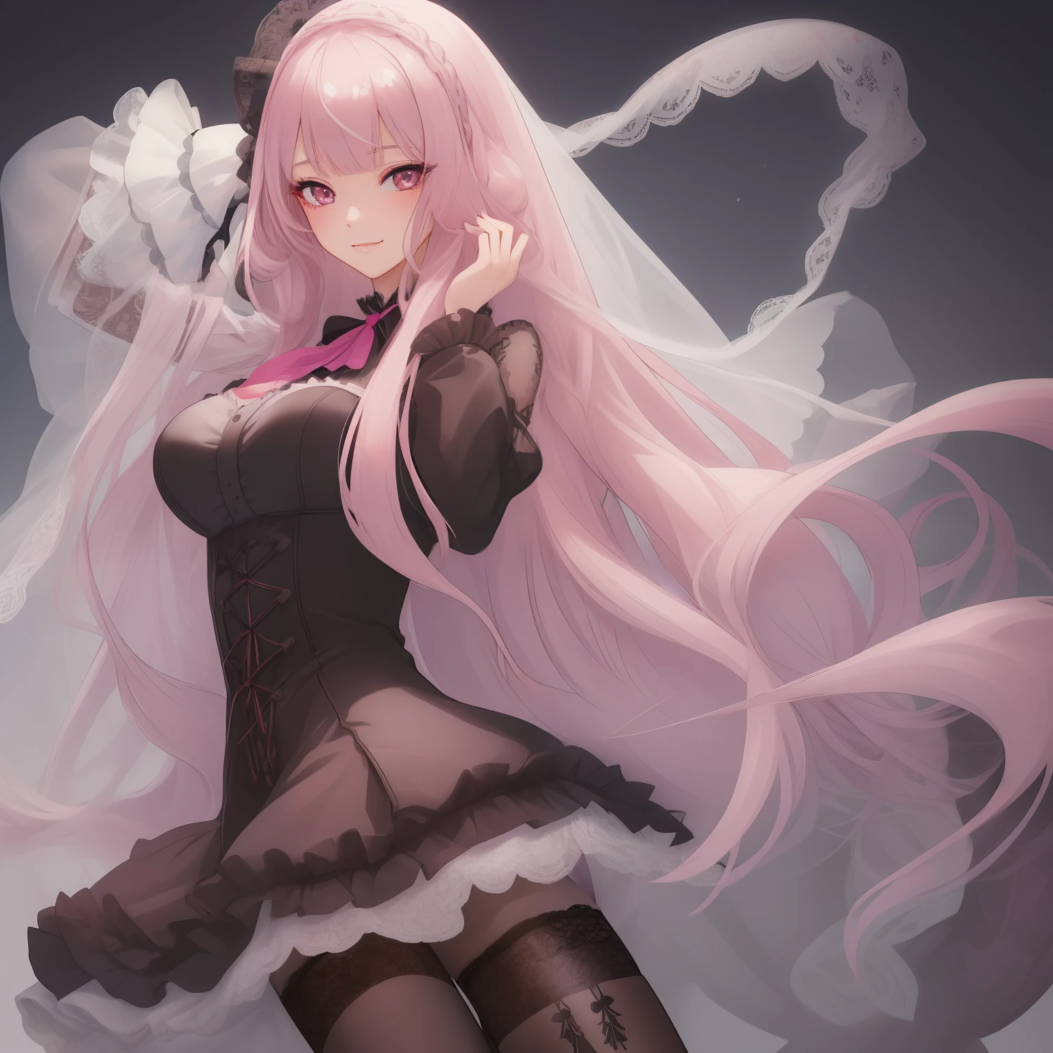 1girl, best quality, exquisite facial features, perfect face, bishoujo, ojousama, {{{grey eyes}}}, straight long pink hair, hime style bangs, lace trim, black gothic, lace pantyhose, sweet smile