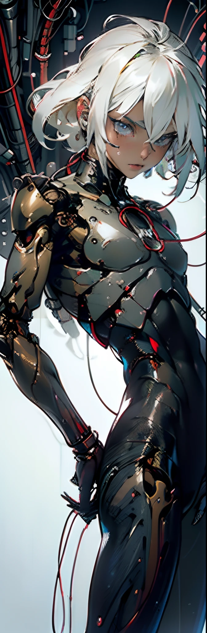 (masterpiece, top quality, best quality, official art, beautiful and aesthetic:1.2), (1girl:1.3), extreme detailed, colorful, highest detailed ((ultra-detailed)), (highly detailed CG illustration), ((an extremely delicate and beautiful)), cinematic light, ((1mechanical girl)),solo, cowboy shot, long shot (machine joints:1.2), ((mechanical limbs)), (blood vessels connected to tubes), (wires and cables attaching to neck:1.2), (character focus), machines are attached to joints, white hair, white skin, looking at viewer, copper button, bronze, (black tights, ) perfect anatomy, blue eyes, ((5 fingers, dynamic pose))