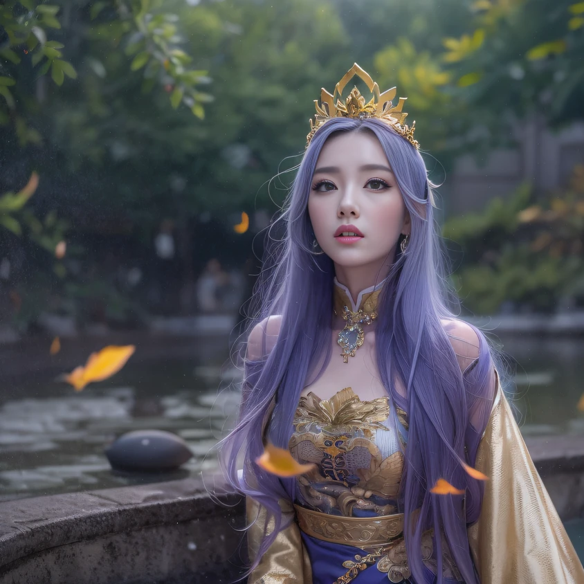 Cornmeal glass 32K(tmasterpiece,k hd,hyper HD,32K)Long flowing bright purple hair,Autumn Pond,zydink, a color, Asian people (Kizi), (Red scarf), Combat posture, looking at the ground, long whitr hair, Floating bright purple, Fire cloud pattern gold tiara, Chinese long-sleeved gold silk garment, (abstract ink splash:1.2), white backgrounid,Lotus protector(realisticlying:1.4),Bright purple hair,Smoke on the road,The background is pure, A high resolution, the detail, RAW photogr, Sharp Re, Nikon D850 Film Stock Photo by Jefferies Lee 4 Kodak Portra 400 Camera F1.6 shots, Rich colors, ultra-realistic vivid textures, Dramatic lighting, Unreal Engine Art Station Trend, cinestir 800,Long flowing bright purple hair