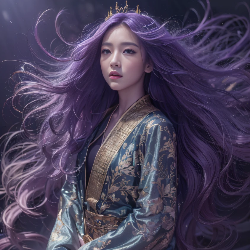Cornmeal glass 32K(tmasterpiece,k hd,hyper HD,32K)Long flowing bright purple hair,Autumn Pond,zydink, a color, Asian people (Kizi), (Red scarf), Combat posture, looking at the ground, long whitr hair, Floating bright purple, Fire cloud pattern gold tiara, Chinese long-sleeved gold silk garment, (abstract ink splash:1.2), white backgrounid,Lotus protector(realisticlying:1.4),Bright purple hair,Smoke on the road,The background is pure, A high resolution, the detail, RAW photogr, Sharp Re, Nikon D850 Film Stock Photo by Jefferies Lee 4 Kodak Portra 400 Camera F1.6 shots, Rich colors, ultra-realistic vivid textures, Dramatic lighting, Unreal Engine Art Station Trend, cinestir 800,Long flowing bright purple hair