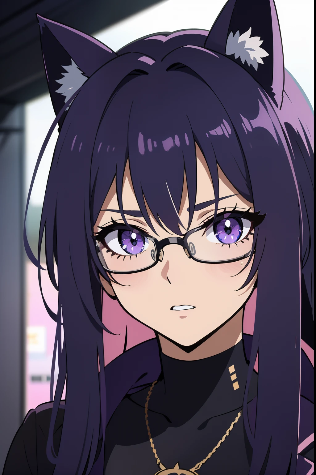 Cyberpunk menina roxo gamer, with glasseswith cat ears, com 20 anos de idade, olhos roxos brilhando, Cabelo tamanho medio preto Chanel com pontas roxa