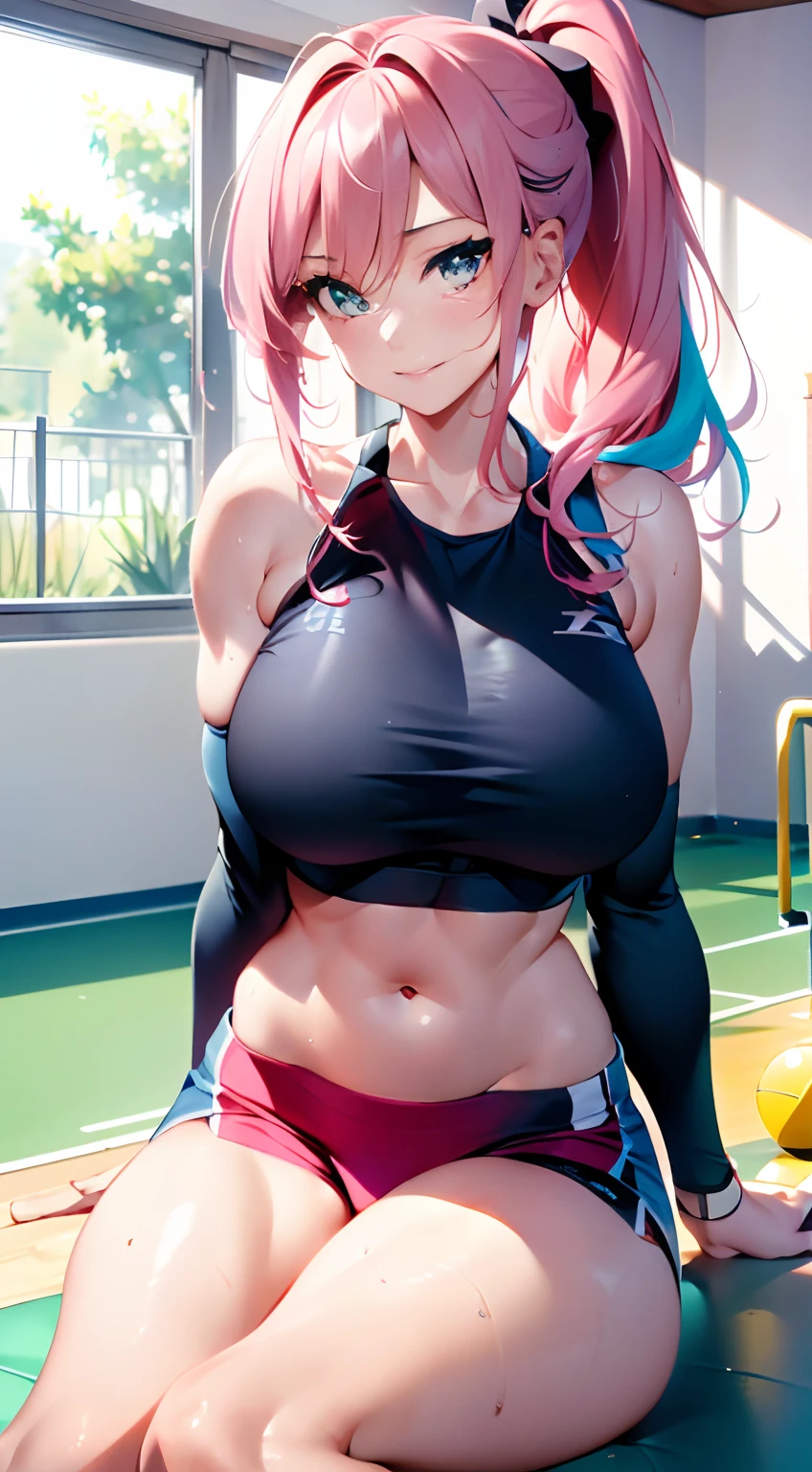 ((30-year-old mature woman,)), (a matural female)), Bright light, (Perfect body : 1.1), (full bodyesbian), (Short wavy hair:1.2, , Pink and blue and white mesh hair, Thin net), The skin is pale，Full body shot,Exposing the abdomen，There are complex tattoos on the lower abdomen，long leges，Straight chest，Stand or sit or lie down，Use fitness equipment to build muscles， ((White or blue or black or pink or red leggings, Sportswear or sports shorts), (Sweat), (Very detailed CG 8k wallpaper), (Extremely Delicately Beautiful)(Best quality:1.0), (超A high resolution:1.0), (hentail realism), beautiful lightning ,Perfect lightning, Realistic shadows, [A high resolution], Detailed skin, Ultra-detailed,), (Beautiful hair, Wavy hair, Real hair, detailed hairs, High ponytail), fine collar bone, Beautiful breasts, Blush, Photorealistic, Realistic face, Beautiful face, Realistic eyes,largeeyes, Cute smile, (((Colorful))) (in  the gym), with fair skin，Pale skin, (Childlike face),Inside the lively gym，Face the audience head-on，