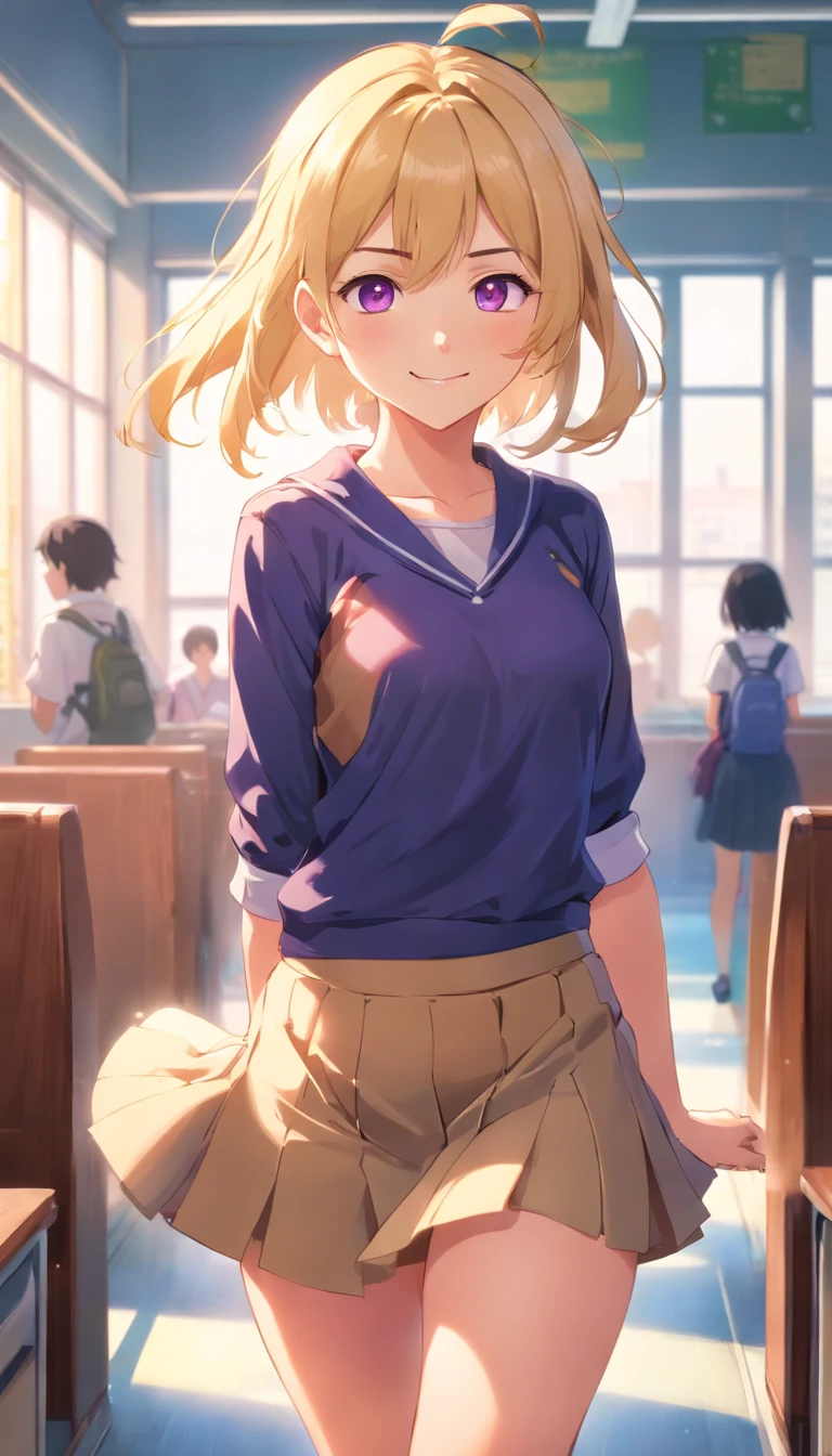 cute teen, looking at viewer, blonde hair, petite body, smile, full body pose, short skirt, big butt, alone in school, bent over, realistic, glowing eyes, purple eyes