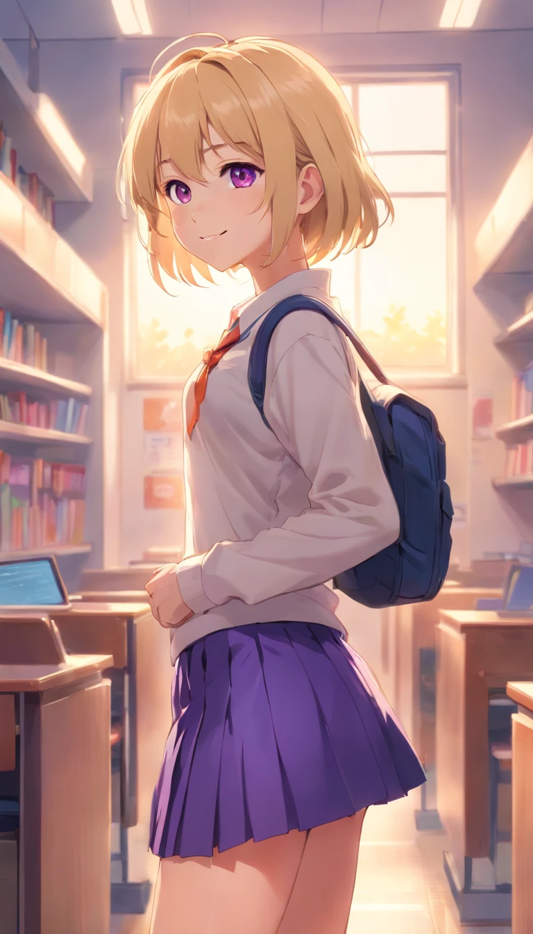 cute teen, looking at viewer, blonde hair, petite body, smile, full body pose, short skirt, big butt, alone in school, bent over, realistic, glowing eyes, purple eyes