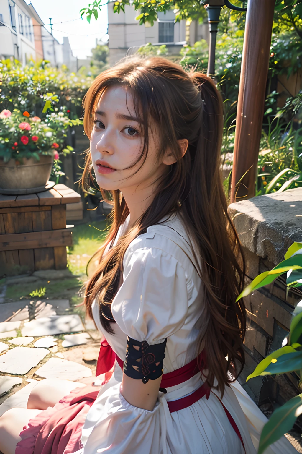 8k, RAW photo, portrait, best quality, ultra high res, photorealistic, intricate details, candid photography, Aerith Gainsborough from Final Fantasy VII,