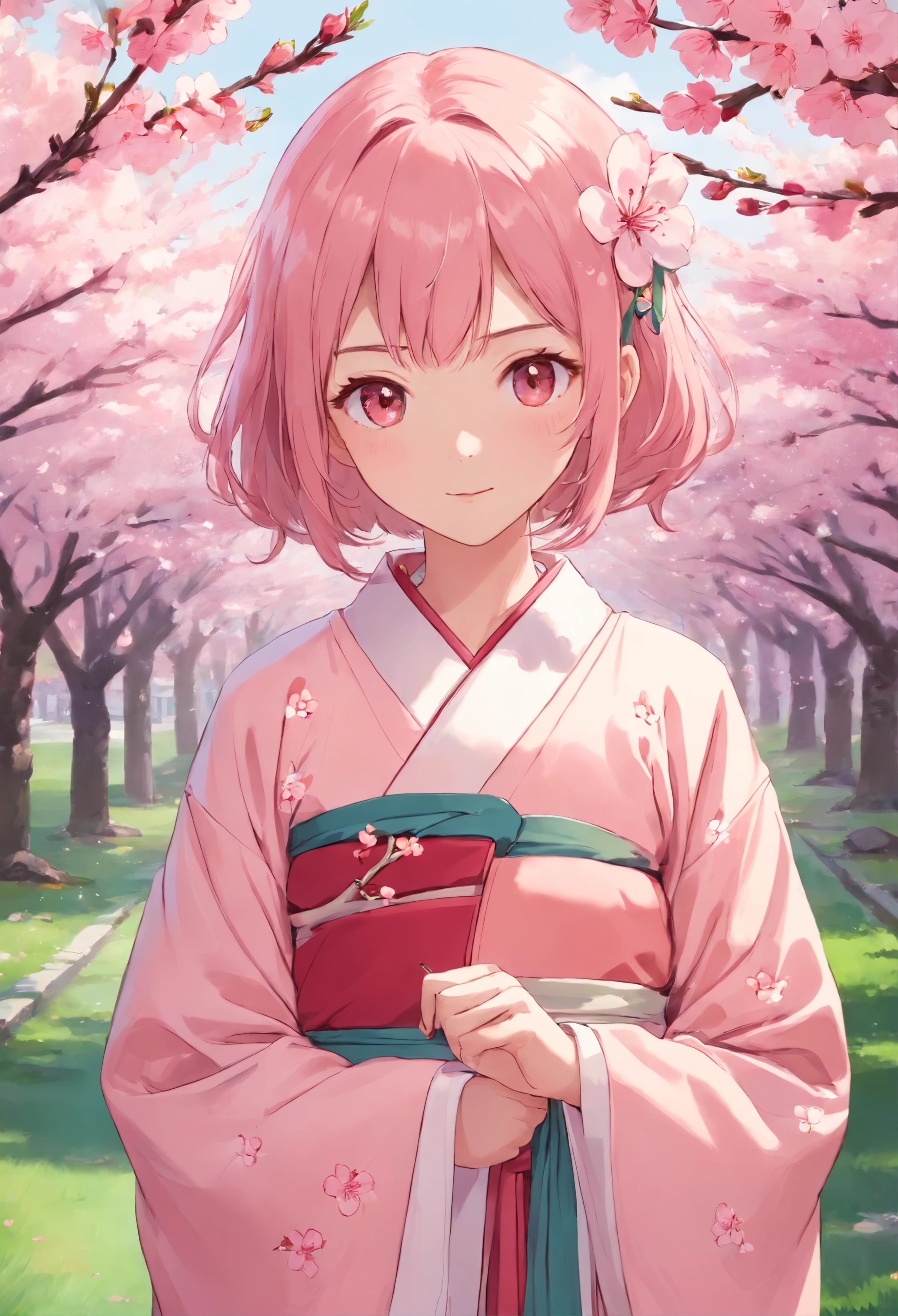 Peach blossom pink straight hair,Wears a pale pink kimono,Holding a cherry blossom branch,in the background, Beautiful cherry blossom trees are scattered with cherry blossoms,She is a sweet girl who stands tall,eyes with brightness