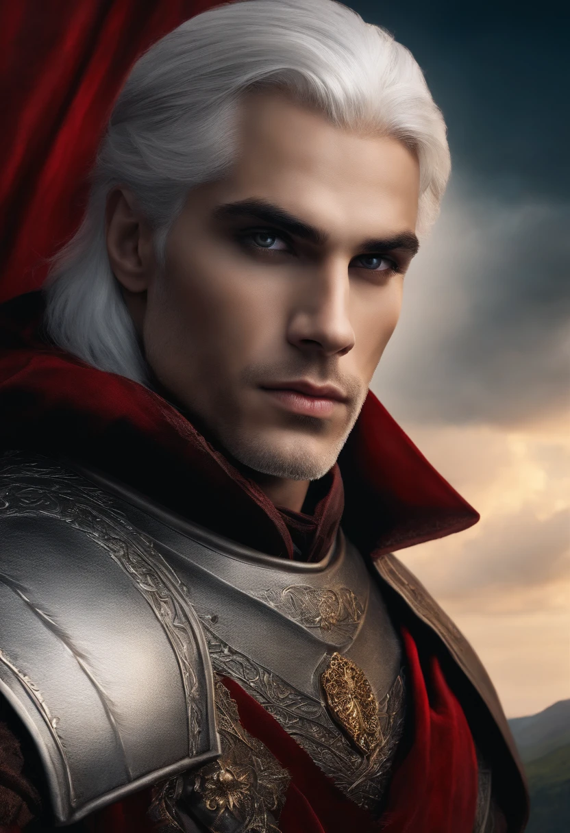 Man, Medieval, white hair, blood red eyes, prince, warrior, early 20s, warrior, with a background on a high hill with cloudy sky