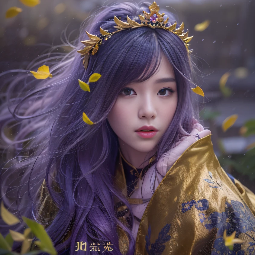 Cornmeal glass 32K(tmasterpiece,k hd,hyper HD,32K)Long flowing bright purple hair,Autumn Pond,zydink, a color, Asian people (Kizi), (Red scarf), Combat posture, looking at the ground, long whitr hair, Floating bright purple, Fire cloud pattern gold tiara, Chinese long-sleeved gold silk garment, (abstract ink splash:1.2), white backgrounid,Lotus protector(realisticlying:1.4),Bright purple hair,Smoke on the road,The background is pure, A high resolution, the detail, RAW photogr, Sharp Re, Nikon D850 Film Stock Photo by Jefferies Lee 4 Kodak Portra 400 Camera F1.6 shots, Rich colors, ultra-realistic vivid textures, Dramatic lighting, Unreal Engine Art Station Trend, cinestir 800,Long flowing bright purple hair