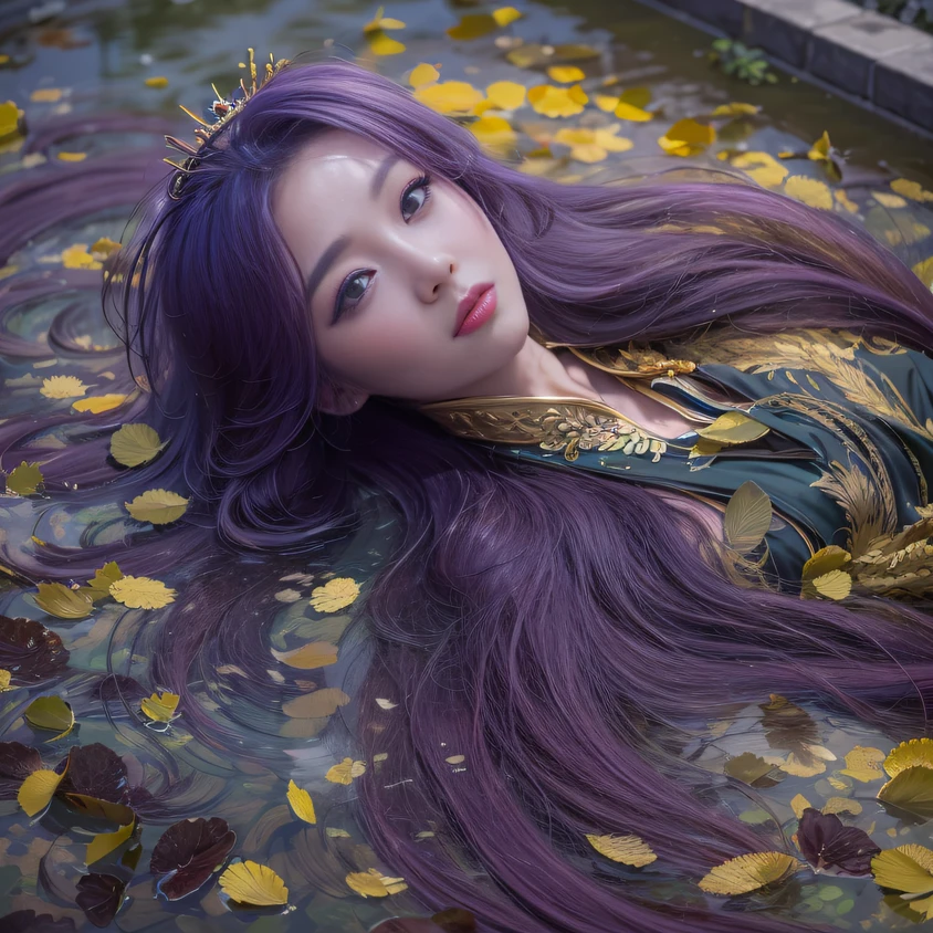 Cornmeal glass 32K（tmasterpiece，k hd，hyper HD，32K）Long flowing bright purple hair，Autumn Pond，zydink， a color， Asian people （Kizi）， （Red scarf）， Combat posture， looking at the ground， long whitr hair， Floating bright purple， Fire cloud pattern gold tiara， Chinese long-sleeved gold silk garment， （abstract ink splash：1.2）， white backgrounid，Lotus protector（realisticlying：1.4），Bright purple hair，Smoke on the road，The background is pure， A high resolution， the detail， RAW photogr， Sharp Re， Nikon D850 Film Stock Photo by Jefferies Lee 4 Kodak Portra 400 Camera F1.6 shots, Rich colors, ultra-realistic vivid textures, Dramatic lighting, Unreal Engine Art Station Trend, cinestir 800，Long flowing bright purple hair
