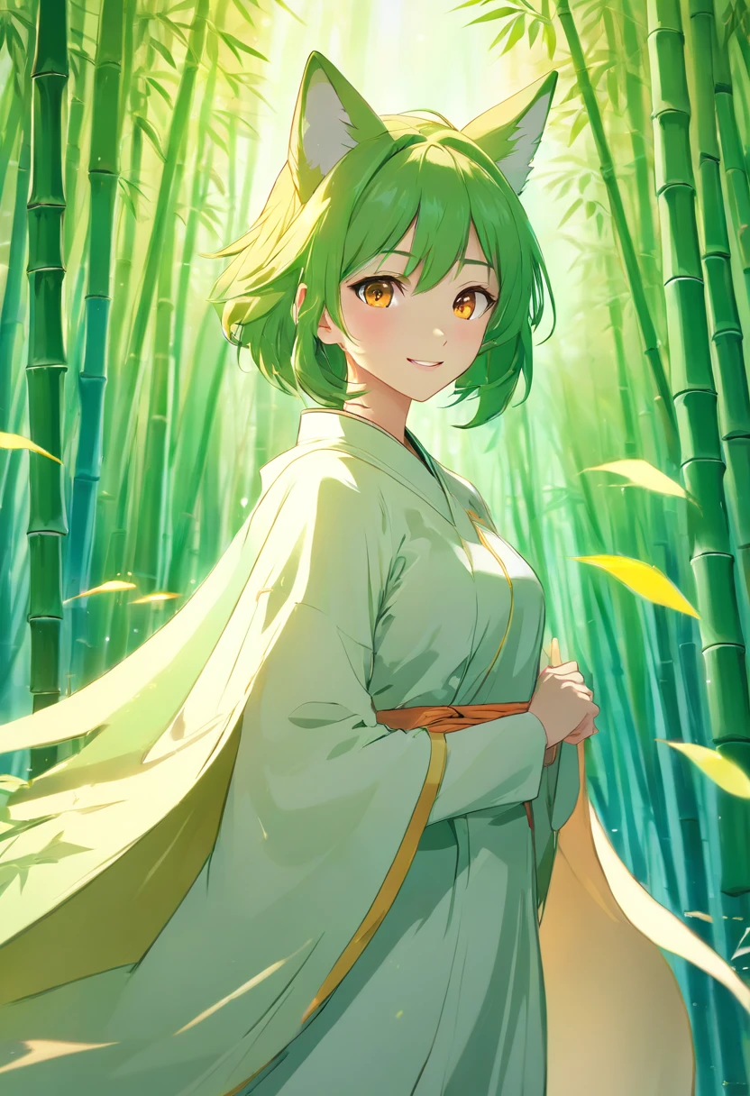 Large bamboo forest background, Beautiful Chinese wind fox fairy, Nine fox tails, Beautiful face, Glowing eyes, White Chinese traditional costume, White cape, Fox ears, half close-up, Look at the camera, Side shot, With an excited smile, style of surrealism, Very detailed, 8K resolution, rendering by octane,