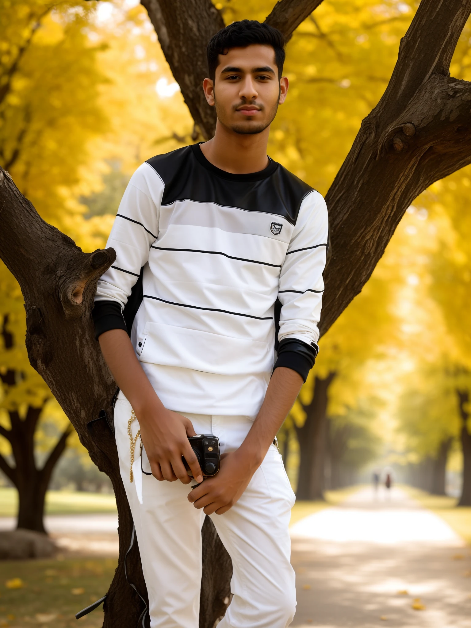 arafed man standing in front of a tree with a camera, candid picture, * colour splash *, very clear picture, full body photogenic shot, very very quality picture, riyahd cassiem, around 1 9 years old, kyza saleem, in sunny weather, full body picture, with lovely look, khyzyl saleem, black jeans and leather jacket , black shoes