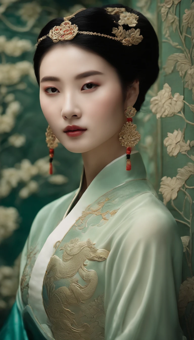 Celadon texture girl,Smooth and shiny porcelain skin for girls,chinaware,Ancient Chinese embroidery style relief,Doubleexposure,Delayed exposure,Side lighting,Three-dimensional feeling,
